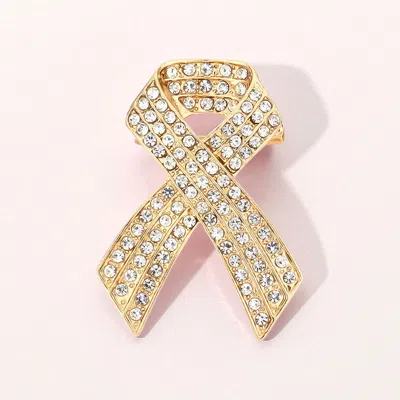 Fashnzfab Rhinestone Embellished Pink Ribbon Pin Brooch In Gold