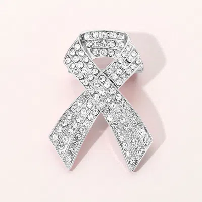 Fashnzfab Rhinestone Embellished Pink Ribbon Pin Brooch In Metallic