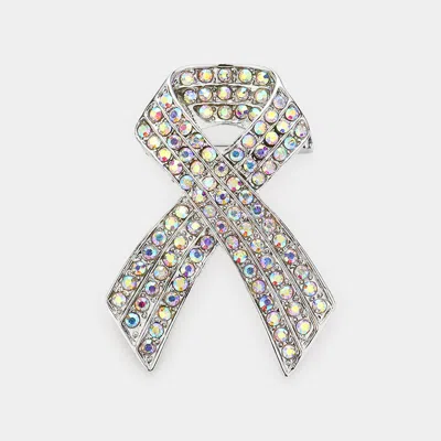 Fashnzfab Rhinestone Embellished Pink Ribbon Pin Brooch In Silver