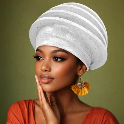 Fashnzfab Rhinestone Embellished Pleated Statement Turban Hair Wrap In White