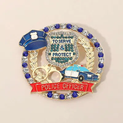 Fashnzfab Rhinestone Embellished Police Officer Badge Pin Brooch In Gold