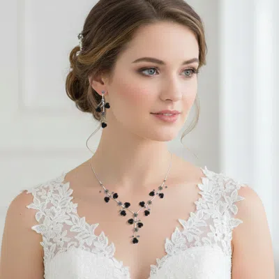 Fashnzfab Rhinestone Embellished Rose Flower Cluster Vine Necklace - Black, Silver In Multi