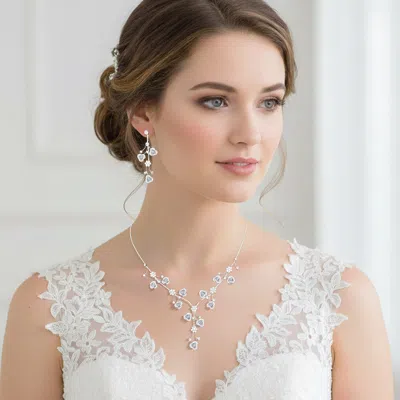 Fashnzfab Rhinestone Embellished Rose Flower Cluster Vine Necklace - Silver, White