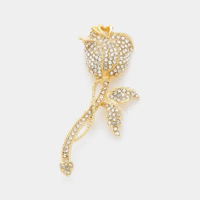 Fashnzfab Rhinestone Embellished Rose Flower Pin Brooch In Gold