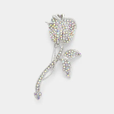 Fashnzfab Rhinestone Embellished Rose Flower Pin Brooch In Silver