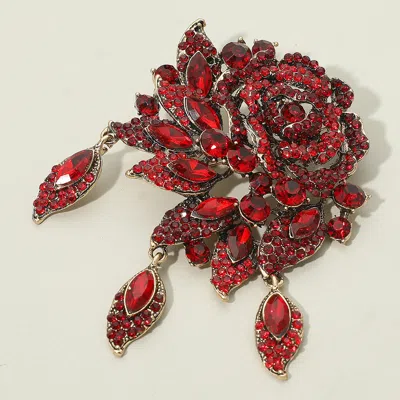Fashnzfab Rhinestone Embellished Rose Flower Pin Brooch In Red