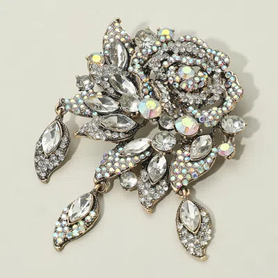 Fashnzfab Rhinestone Embellished Rose Flower Pin Brooch In Silver