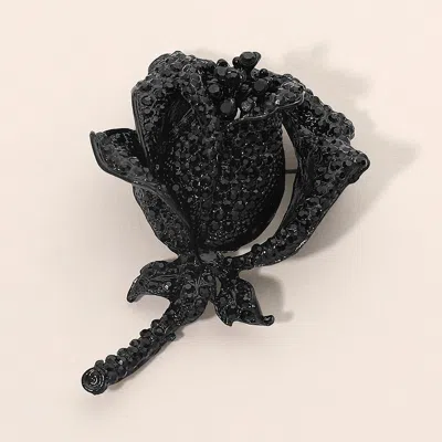 Fashnzfab Rhinestone Embellished Rose Flower Stem Pin Brooch In Black