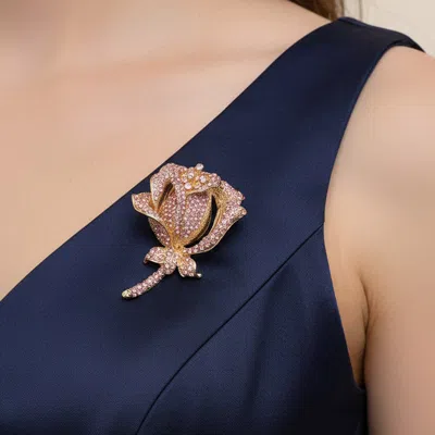 Fashnzfab Rhinestone Embellished Rose Flower Stem Pin Brooch In Blue