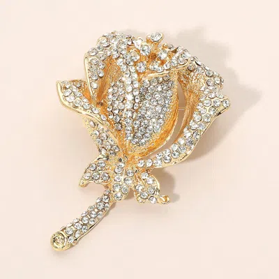 Fashnzfab Rhinestone Embellished Rose Flower Stem Pin Brooch In Gold