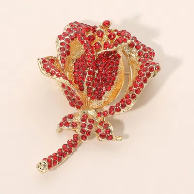 Fashnzfab Rhinestone Embellished Rose Flower Stem Pin Brooch In Red