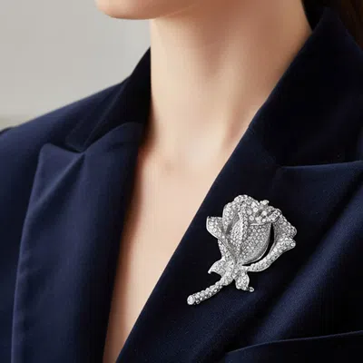 Fashnzfab Rhinestone Embellished Rose Flower Stem Pin Brooch In Silver