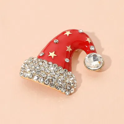 Fashnzfab Rhinestone Embellished Santa Hat Pin Brooch In Red