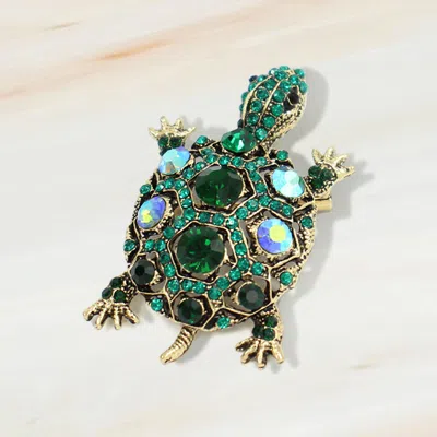 Fashnzfab Rhinestone Embellished Sea Turtle Pin Brooch In Green