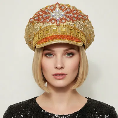 Fashnzfab Rhinestone Embellished Sequin Captain Hat In Brown
