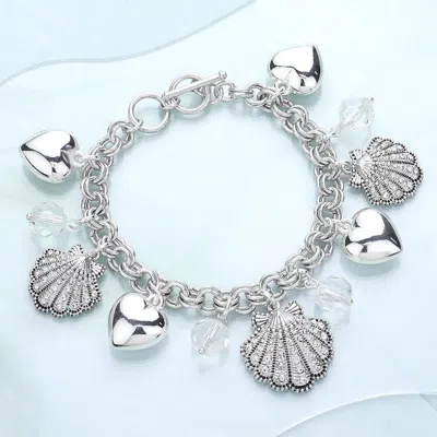Fashnzfab Rhinestone Embellished Shell Metal Heart Charm Station Toggle Bracelet Antique Silver, Clear In Multi