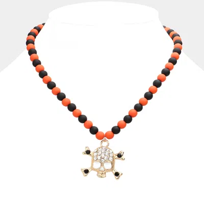 Fashnzfab Rhinestone Embellished Skull Pendant Beaded Necklace In Gold