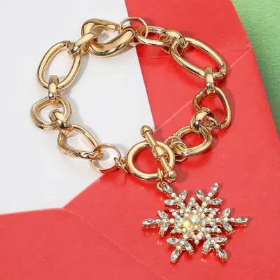 Fashnzfab Rhinestone Embellished Snowflake Charm Toggle Bracelet Gold