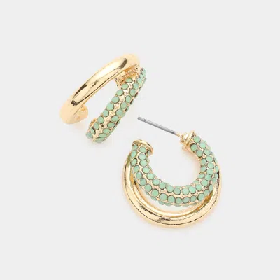 Fashnzfab Rhinestone Embellished Split Metal Hoop Earrings In Green
