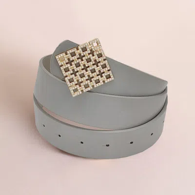 Fashnzfab Rhinestone Embellished Square Cluster Buckle Faux Leather Belt In Gray