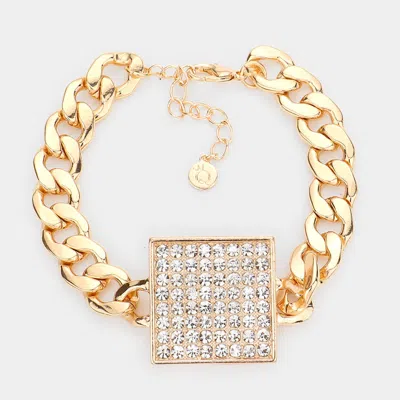 Fashnzfab Rhinestone Embellished Square Pendant Metal Link Braceletn Gold