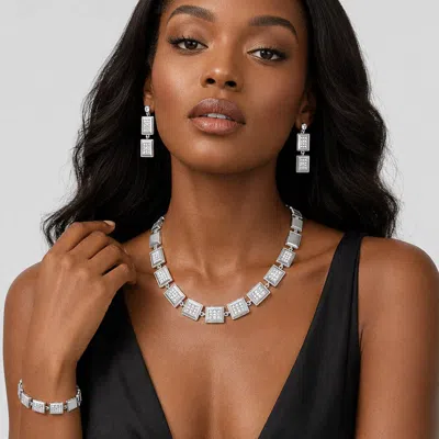 Fashnzfab Rhinestone Embellished Square Rectangle Link Necklace Jewelry Set In Metallic