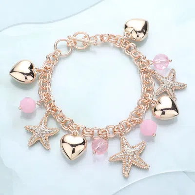 Fashnzfab Rhinestone Embellished Starfish Metal Heart Charm Station Toggle Bracelet Pink, Rose Gold In Multi