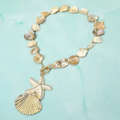 Fashnzfab Rhinestone Embellished Starfish Pearl Seashell Pendant Shell Beaded Statement Necklace In Multi