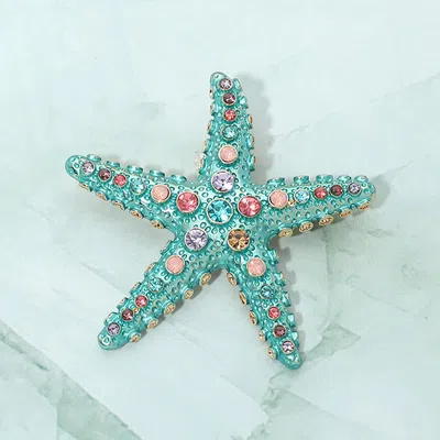 Fashnzfab Rhinestone Embellished Starfish Pin Brooch In Green