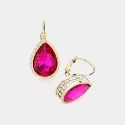 Fashnzfab Rhinestone Embellished Teardrop Stone Lever Back Evening Earrings - Fuchsia, Gold In Pink