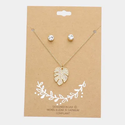 Fashnzfab Rhinestone Embellished Tropical Leaf Pendant Necklace In Gold