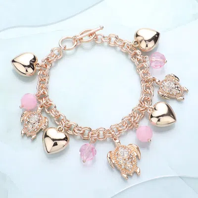 Fashnzfab Rhinestone Embellished Turtle Metal Heart Charm Station Toggle Bracelet In Multi