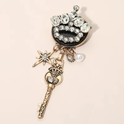 Fashnzfab Rhinestone Embellished Vintage Star Pearl Key Charm Drop Statement Pin Brooch In Silver
