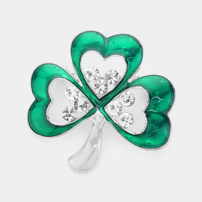 Fashnzfab Rhinestone Enamel Clover Pin Brooch In Silver