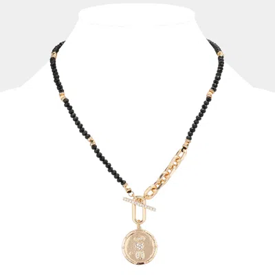 Fashnzfab Rhinestone Evil Eye Heart Horseshoe Accented Metal Round Pendant Faceted Beaded Necklace In Black