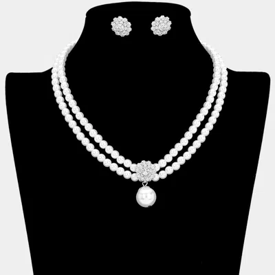 Fashnzfab Rhinestone Floral Pearl Drop Double Strand Pearl Necklace In Metallic