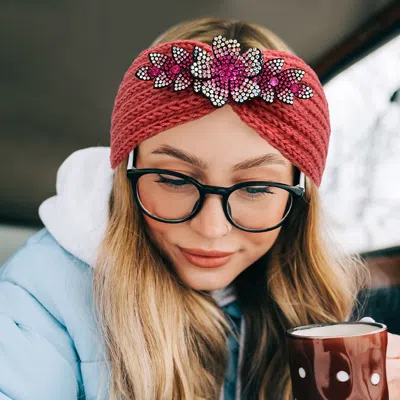 Fashnzfab Rhinestone Flower Bling Pointed Knit Earmuff Headband In Multi