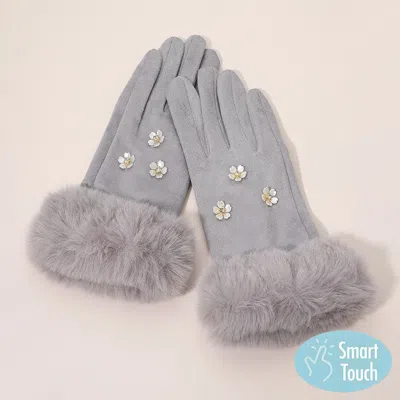 Fashnzfab Rhinestone Flower Embellished Faux Fur Cuff Smart Touch Winter Gloves In Gray
