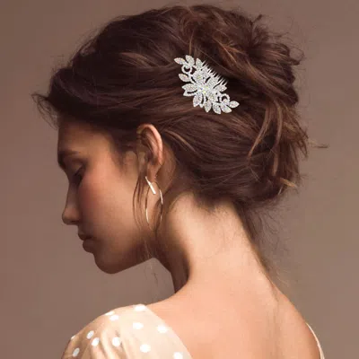 Fashnzfab Rhinestone Flower Leaf Hair Comb In Silver