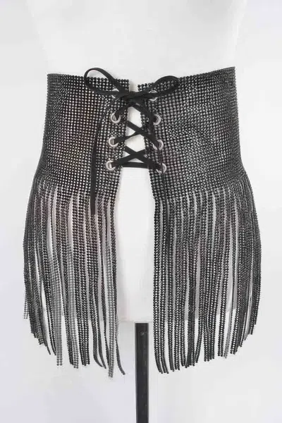 Fashnzfab Rhinestone Fringe Belt In Neutral