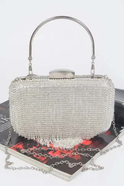 Fashnzfab Rhinestone Fringe Hard Clutch In Silver