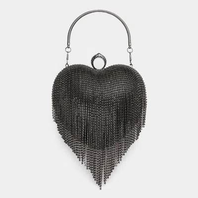 Fashnzfab Rhinestone Fringe Heart Evening Tote / Clutch / Crossbody Bag In Black