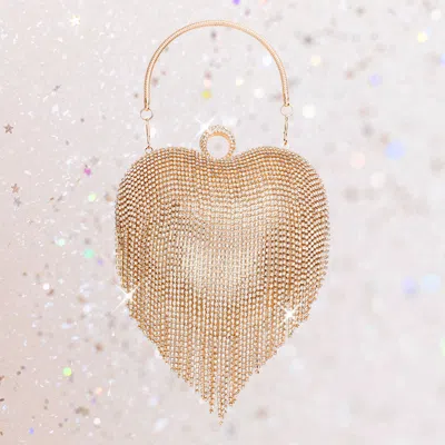 Fashnzfab Rhinestone Fringe Heart Evening Tote / Clutch / Crossbody Bag In Gold