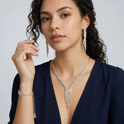 Fashnzfab Rhinestone Fringe Jewelry Set In Metallic