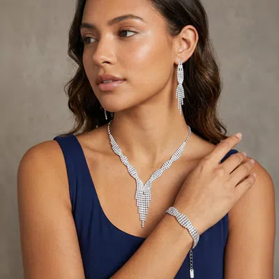 Fashnzfab Rhinestone Fringe Jewelry Set In Silver