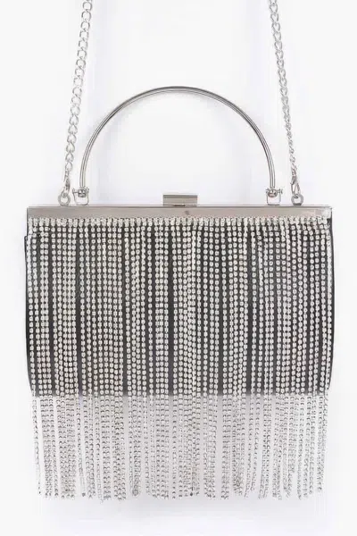 Fashnzfab Rhinestone Fringe Metallic Party Clutch In Black