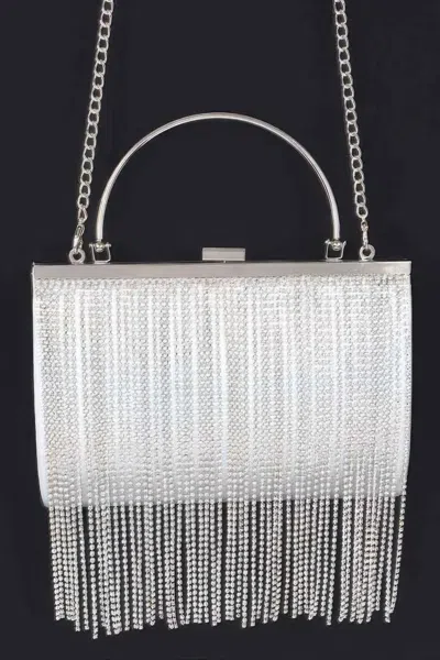 Fashnzfab Rhinestone Fringe Metallic Party Clutch In Silver