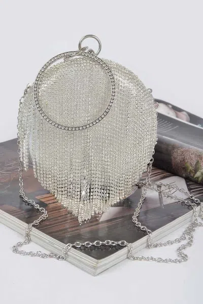 Fashnzfab Rhinestone Fringe Round Party Bag In Neutral