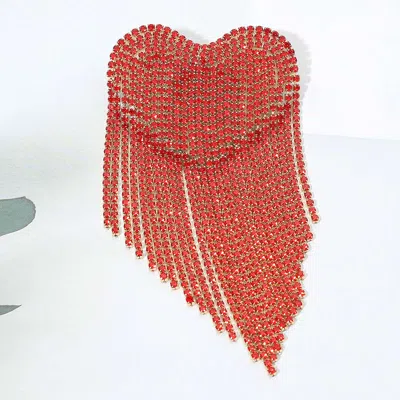 Fashnzfab Rhinestone Heart Fringe Pin Brooch In Red