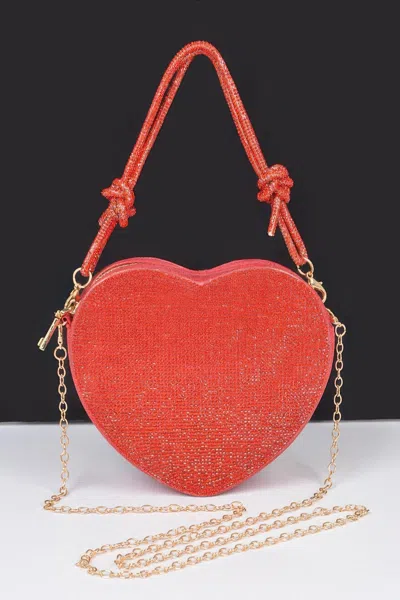 Fashnzfab Rhinestone Heart Shape Clutch In Red